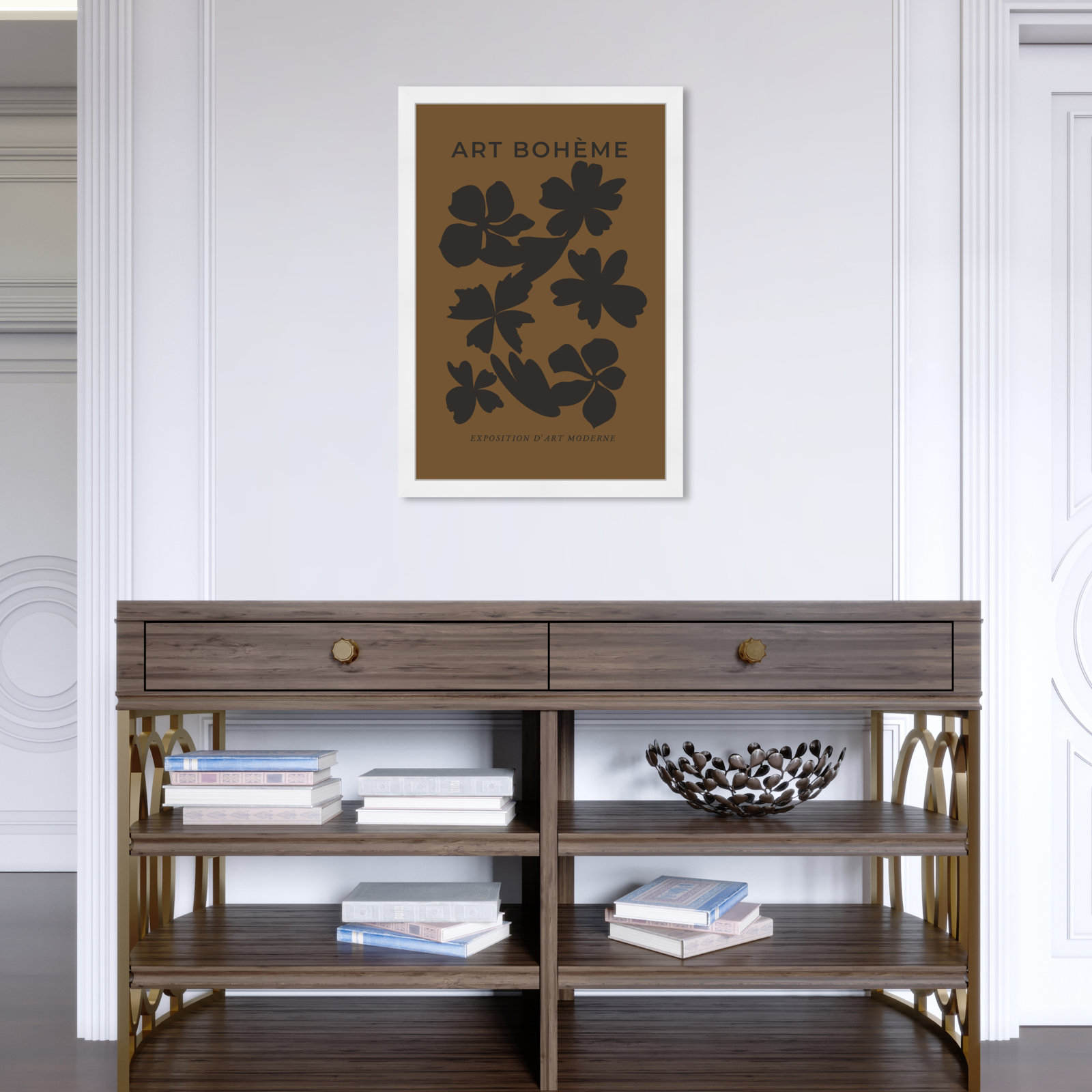 Minimal "Black and Brown Floral Pattern" Print, 26" H x 18" W, White