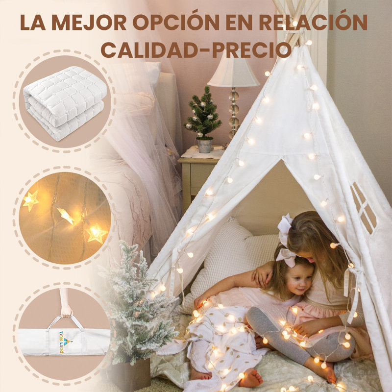 White Cotton Kids Teepee Tent with Pine Poles and Lights