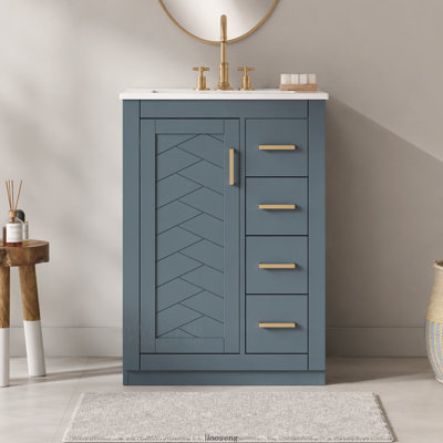 Meuble-lavabo 24 po avec lavabo en céramique intégré, 1 porte, 3 tiroirs, meuble-lavabo simple pour petite et moyenne salle de bain, bleu