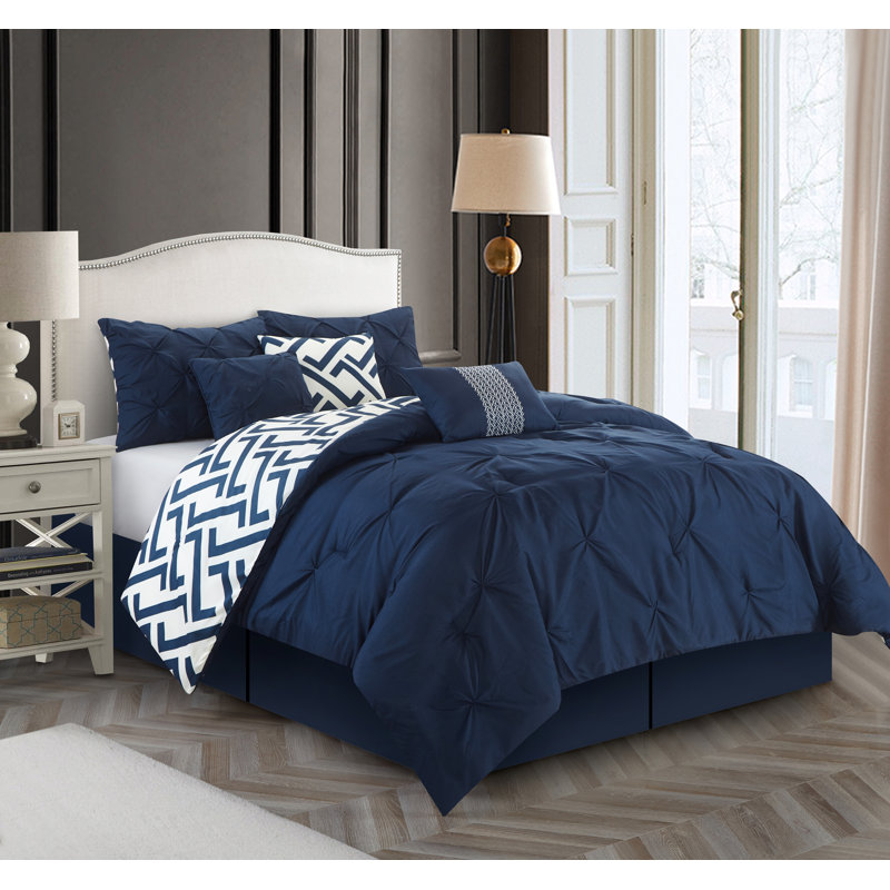 Ensemble d'édredon réversible 7 pièces Loren, Bleu marine, Édredon de très grande taille et 6 pièces suppl