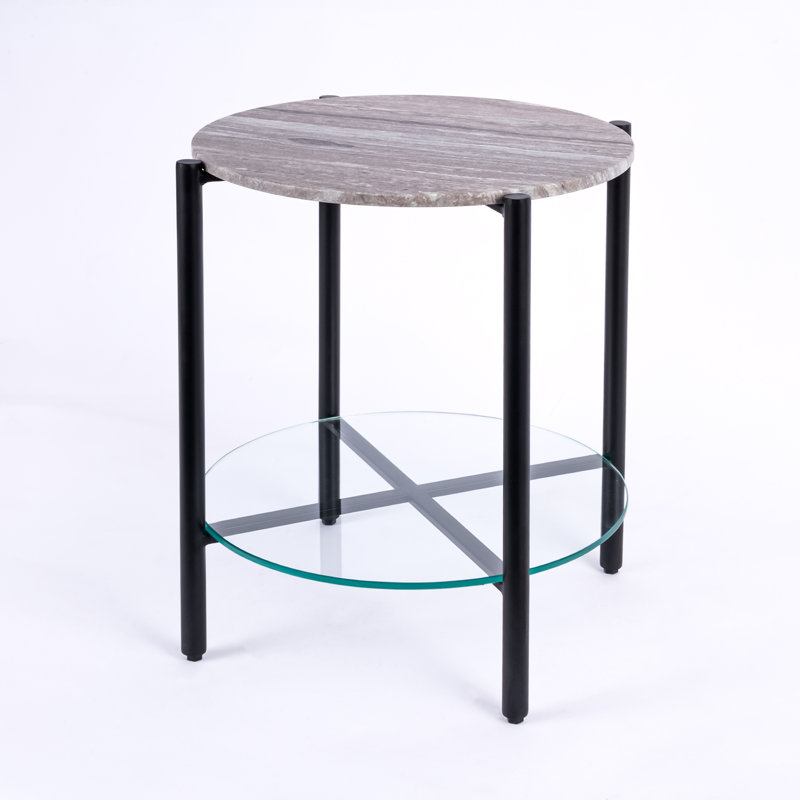 Ansted Marble/Glass Top End Table with Storage, Black, Brown