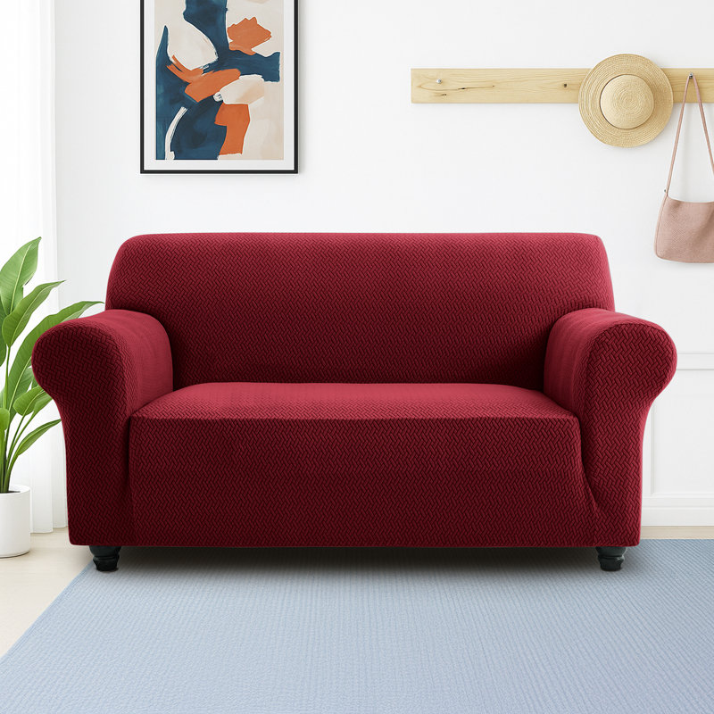 Jacquard Pattern Stretchable Spandex Sofa Slipcover - Stylish Sofa Protector, 179cm H x 224cm W - (2 Seater), Burgundy