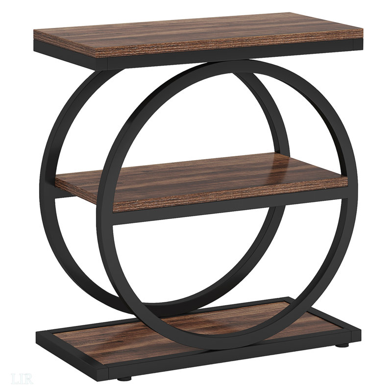 Ari Accent End Table, Wood 26 Inch Black Metal, 3 Shelves, Rustic Brown