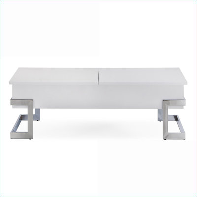 Blanc ultrabrillant Table basse chromée contemporaine avec rangement, peu encombrante pour le salon