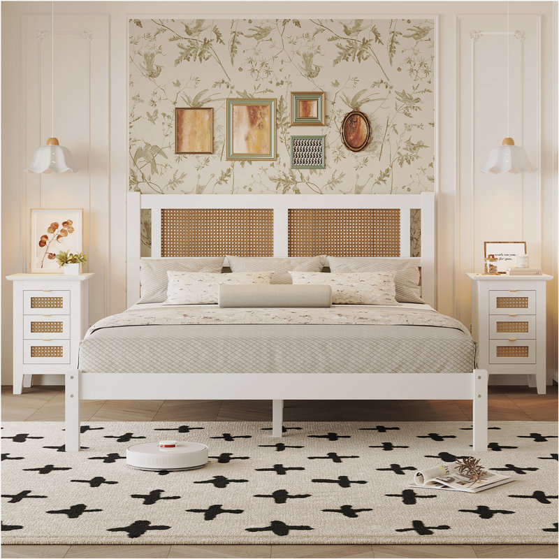Ensemble de lit plateforme en bois 3 pièces avec tête de lit en rotin naturel, Grand, Blanc