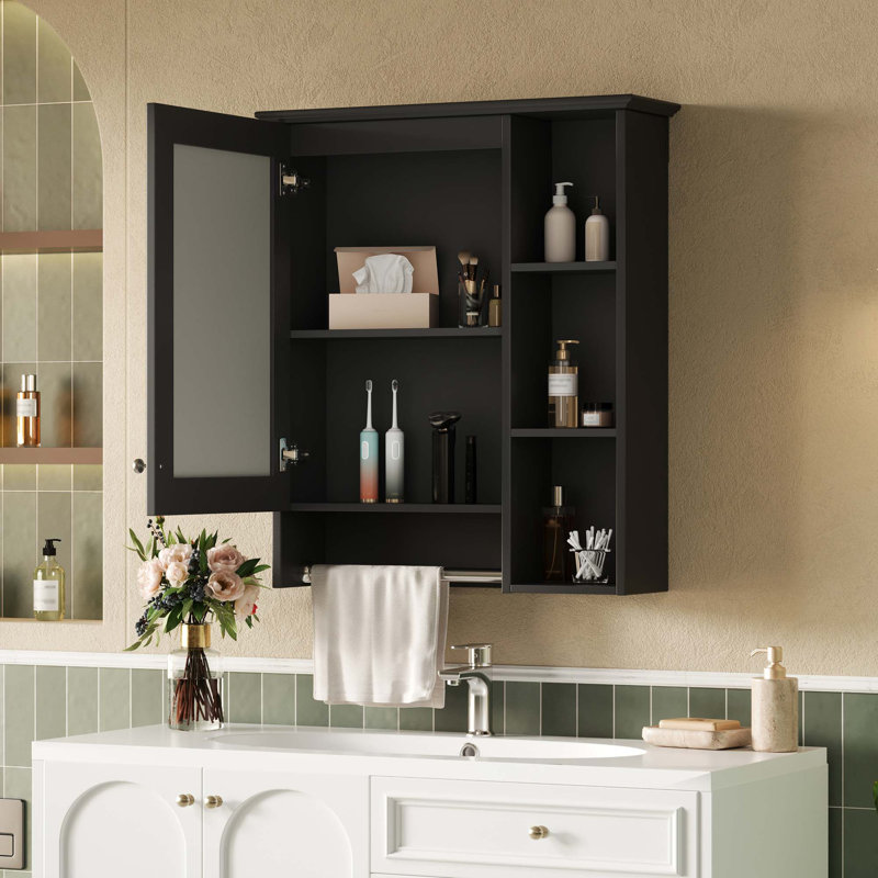 Armoire de salle de bain moderne 3 en 1 avec rangement réglable et barre à serviettes intégrée, Noir