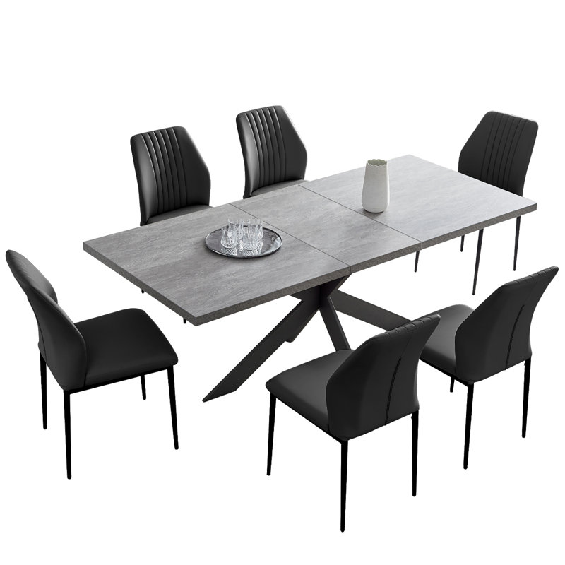 Mid-Century Extendable Kitchen Table for Dining Room with 6 Modern Chairs, Black, Cream