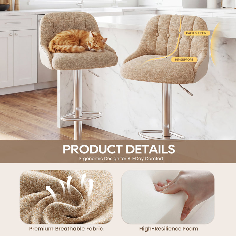 Swivel Upholstered Counter Stool with Metal Frame, Camel