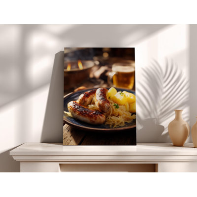 Art mural Bratwurst, impression sur toile de nourriture allemande - décor de cuisine rustique, photographie de choucroute et saucisse pour bar, man cave ou restaurant