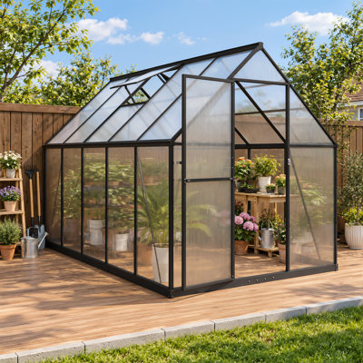 Serre de jardin en aluminium et polycarbonate de 1,8 m de large x 3 m de profondeur, avec 2 aérations de toit réglables et structure noire, idéale pour l'extérieur.