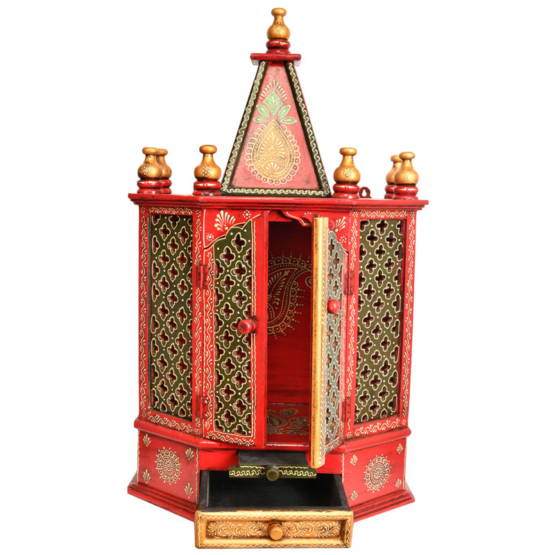 Grand Puja Mandir en bois peint à la main avec portes, sanctuaire traditionnel