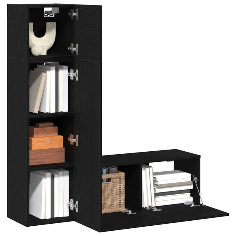 TV Cabinet Set Wall-Mounted 3 Pcs Black Oak, 140cm H x 130.5cm L x 30cm W