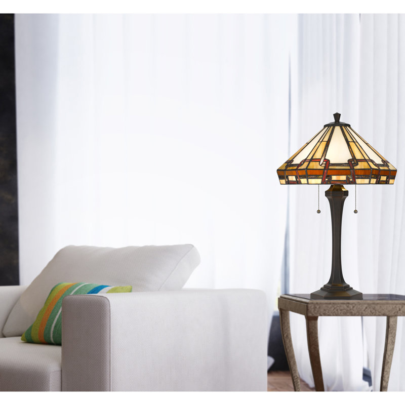 Lampe de table Tiffany de 62 cm de hauteur avec abat-jour rond en vitrail, corps en résine, double chaînette, finition bronze foncé, douille E26, 2 x 60 W
