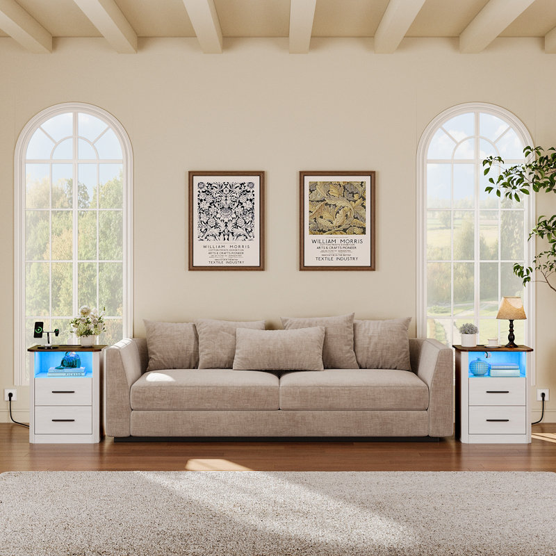 Table de chevet avec station de charge et bande lumineuse, table de chevet de 51 cm de large avec tiroirs pour chambre à coucher, table d'appoint et table de bout de lit avec compartiment ouvert - Poignée facile à tirer (ensemble de 2)
