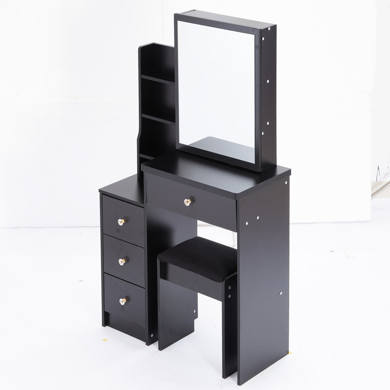 American Design Vanity Dresser With Cushioned Seat & Extra Large Sliding Mirror, Multi-layered Storage For Compact Spaces, Black, , , Ul Listed Area Dressing Table Stool, Expansive Multi-layer