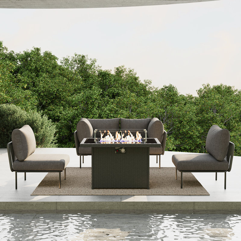 Ebern Designs 5 Pieces Aluminum Patio Furniture Set, Modern Modular Sectional Sofa with Fire Pit Table and Upgrade Thickness Cushion