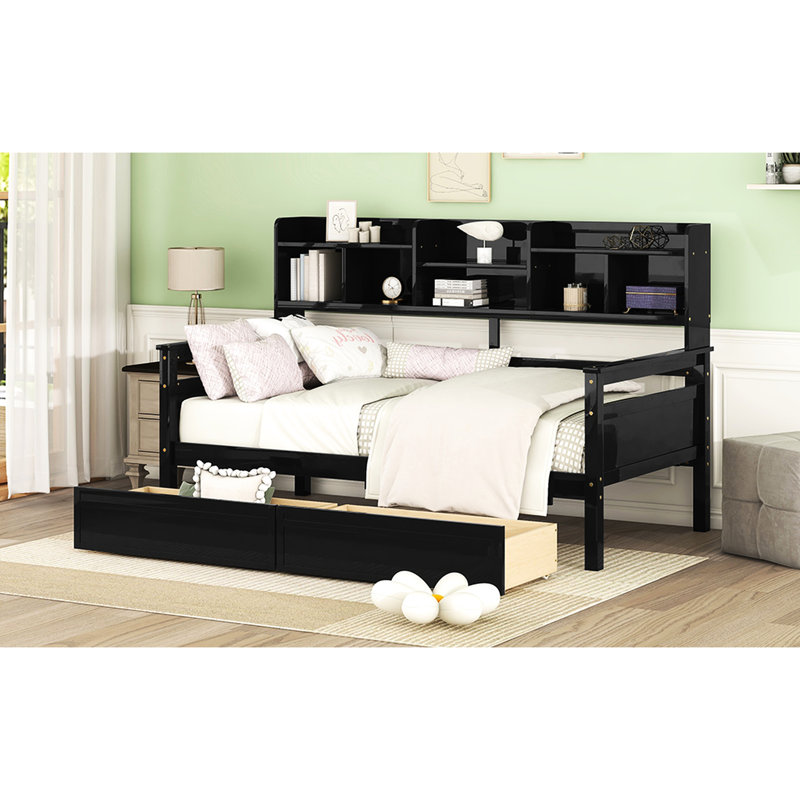 -colored Daybed With Strong Wood Construction, Two Drawers, And Bedside Shelf Twin Size In , Solid Slats Functional Storage For Your Home