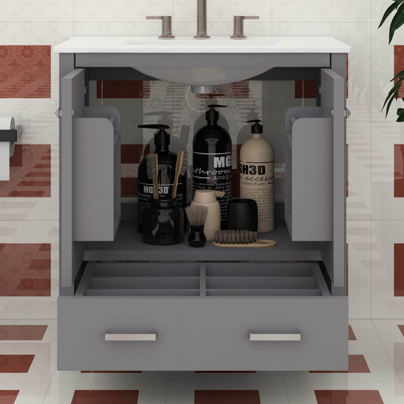 Meuble-lavabo 30 po avec comptoir, ensemble combiné, petit meuble-lavabo avec 2 portes à fermeture douce et tiroir, Gris