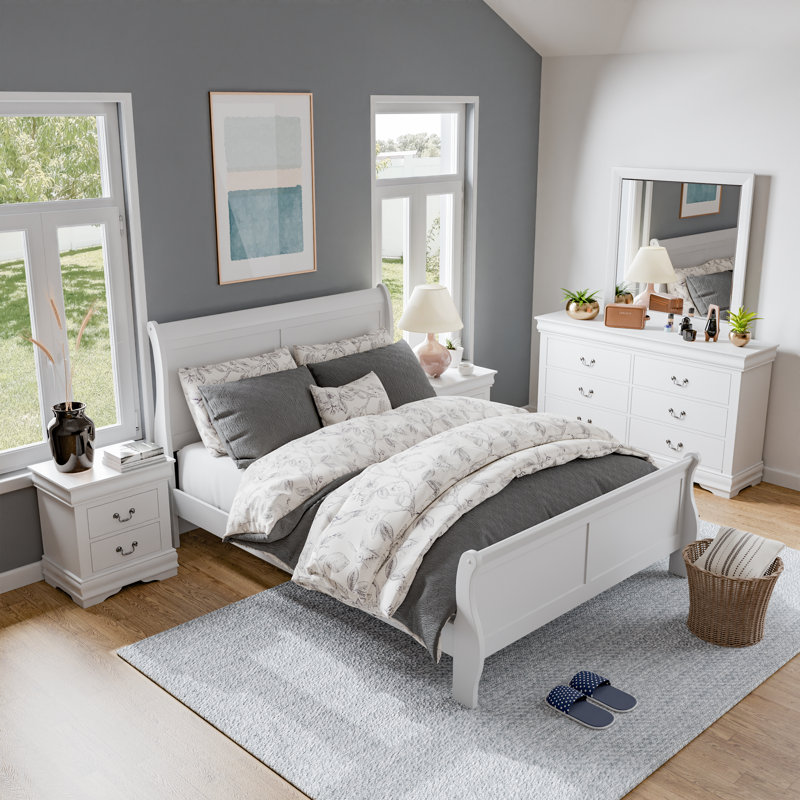 Ensemble de chambre à coucher Emelinda Extula, Blanc, Cinq pièces : Lit, 2 tables de chevet, commode, m, Grand