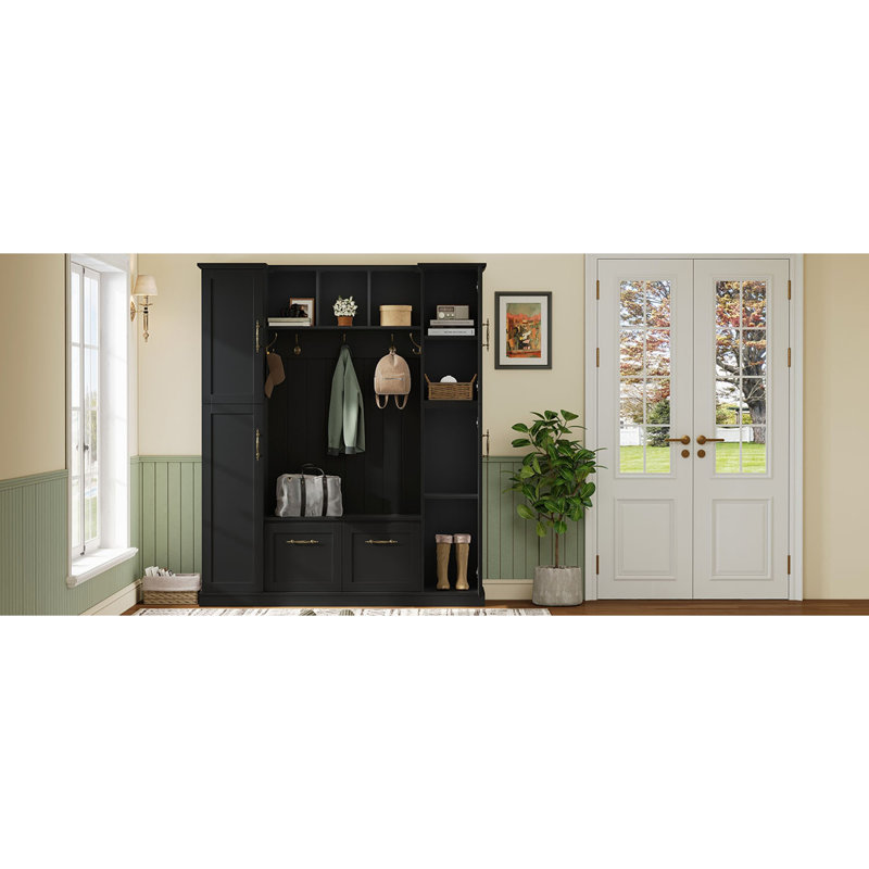 Farmhouse Elegant Hall Tree with 4 Side Cabinets, Black