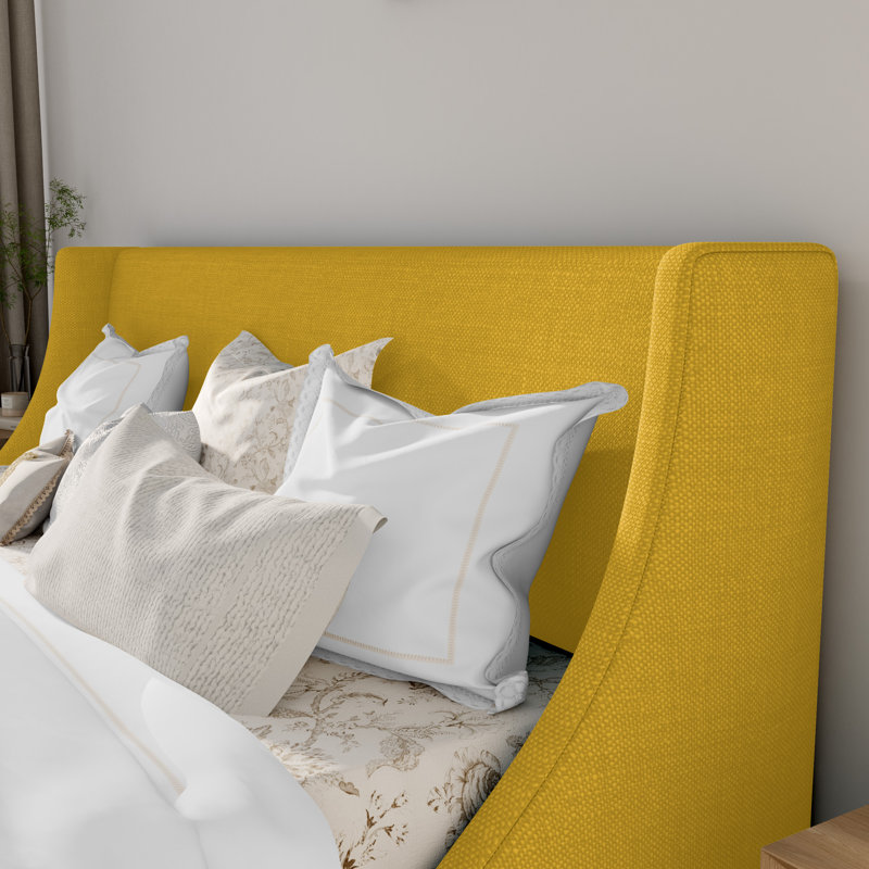 Lit plateforme à oreilles Nichaela, aucun sommier nécessaire, Grand, Jaune clair