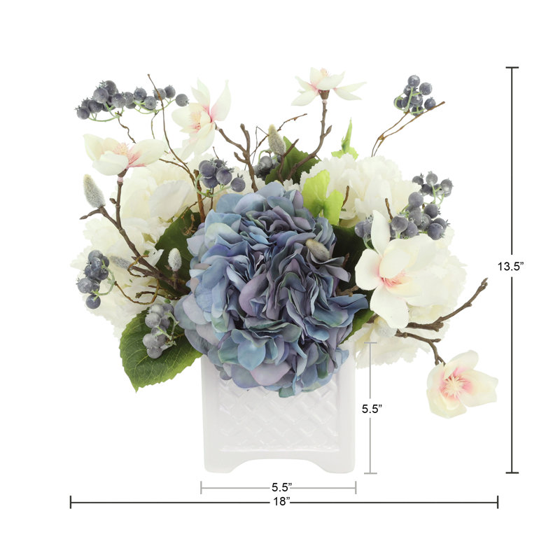 Hydrangea, Berris and Magnolia Arranged in a Ceramic Pot