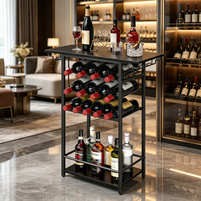 Support à vin autoportant à 5 niveaux avec porte-verres à pied, armoire de bar d'angle pour le rangement des bouteilles d'alcool et présentoir dans le bar, la cuisine ou le salon