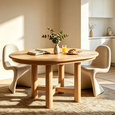 Table de salle à manger extensible ronde pour 4 à 6 personnes, table de cuisine avec feuilles amovibles et tablette