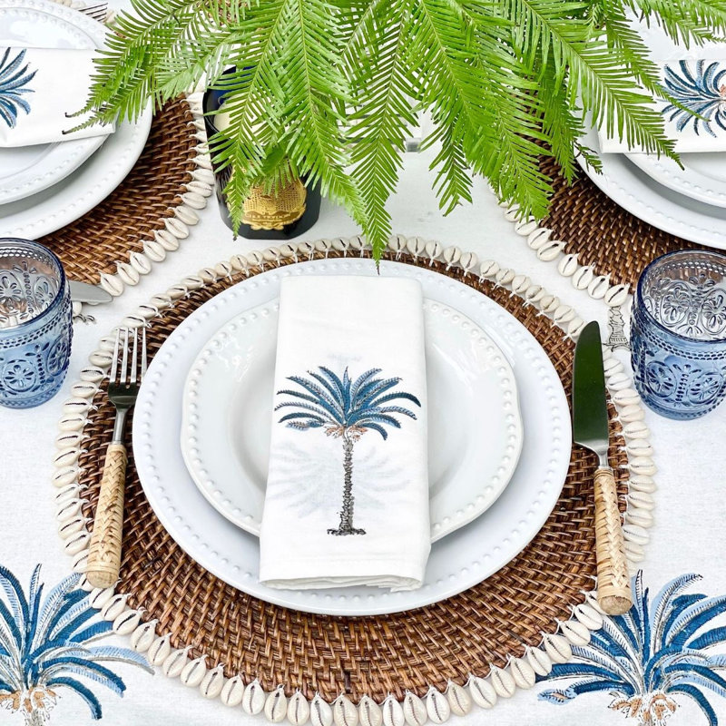 Blue Palm Tree Coastal Cotton Tablecloth, 135" x 72"