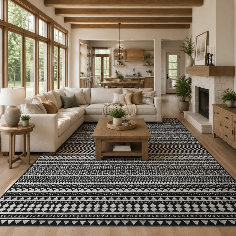 Tapis antidérapant et lavable Boho, Noir, Rectangle 9' x 12'