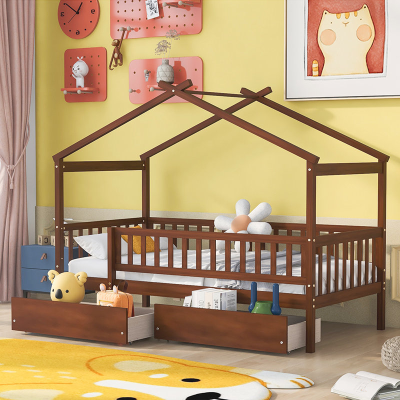 Lit plateforme avec rangement Daucourt, Lit simple, Noyer