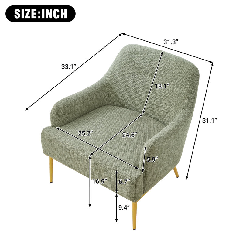  Fauteuil d'appoint moderne en chenille avec dossier incurvé, pieds en métal doré, vert, Vert