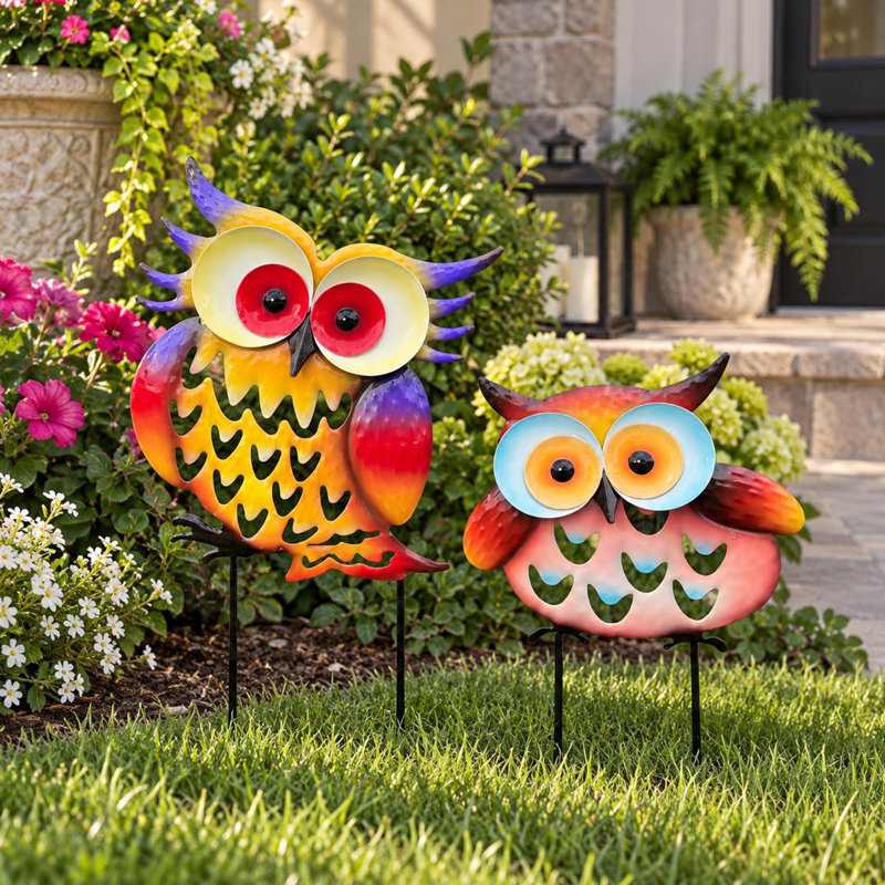 2-Piece Colorful Metal Owl Garden Stake Set