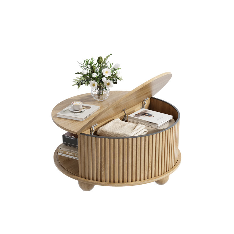 31.5" Modern Round Coffee Table With Storage, Natural