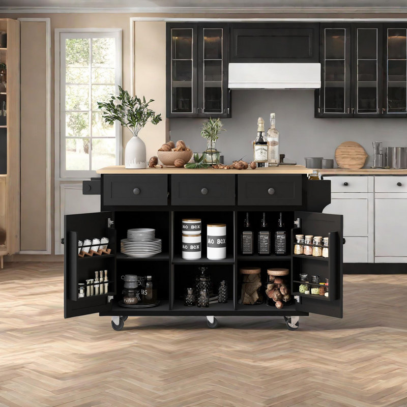 Bobbe Solid Wood Top Kitchen Cart, Black