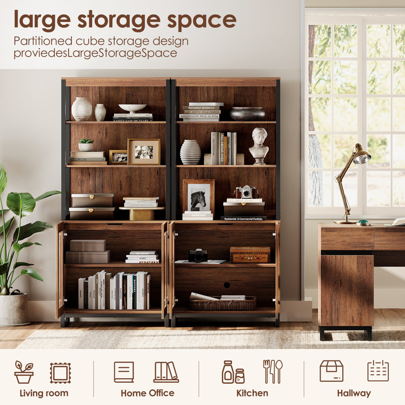 2 PCS Modern 72" Tall Bookcases With Glass Doors And Adjustable Shelves, Library Book Shelf With Storage Cabinet And Open Book Shelfs, Wood Bookshelves For Home Office, Living Room, Brown