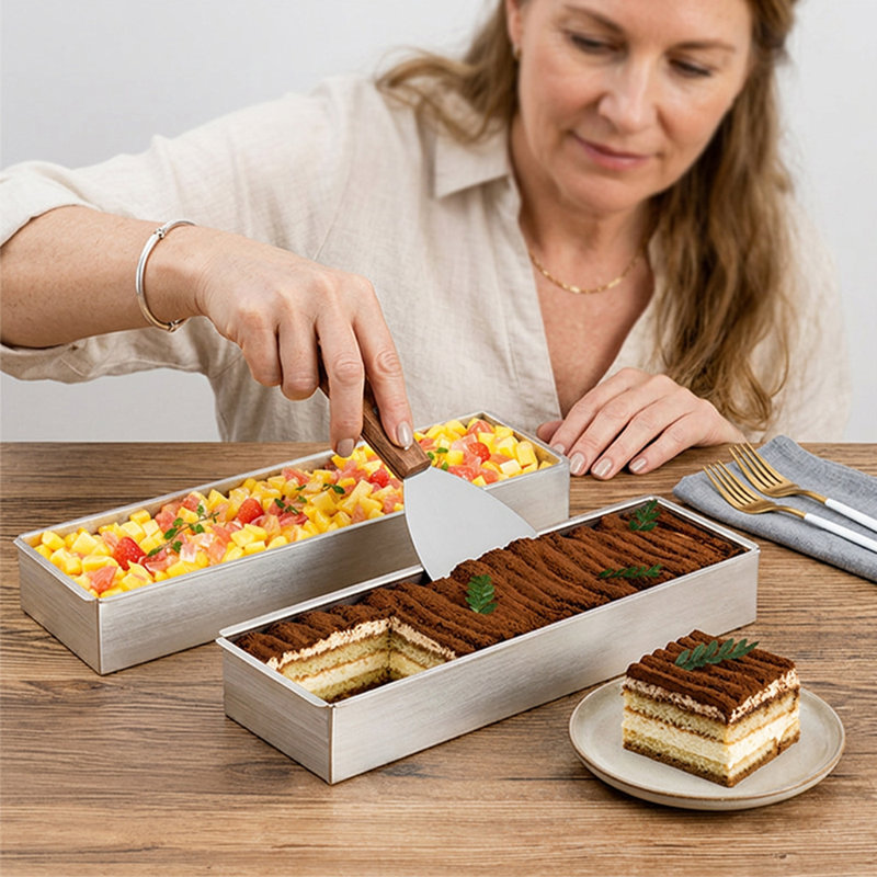 Stainless Steel Rectangular Loaf Pan with Removable Side, 2-Piece Mousse Cake Mold Set with Serving Spatula