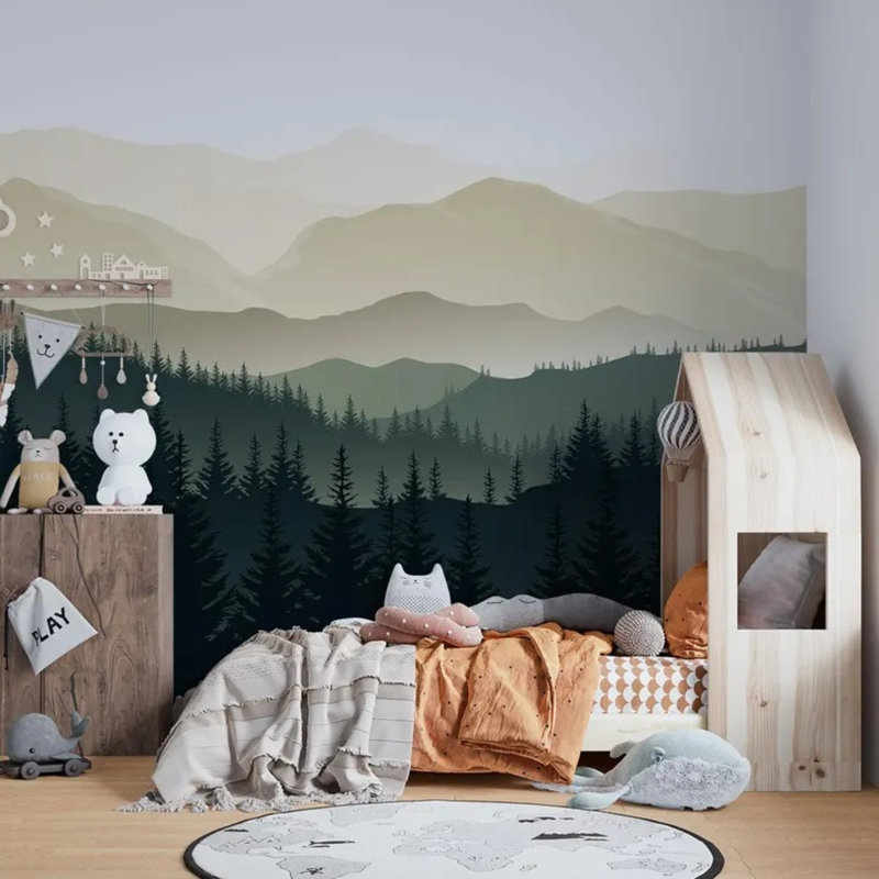 Murale de papier peint silhouette de forêt verte, L 108 po x l 96 po
