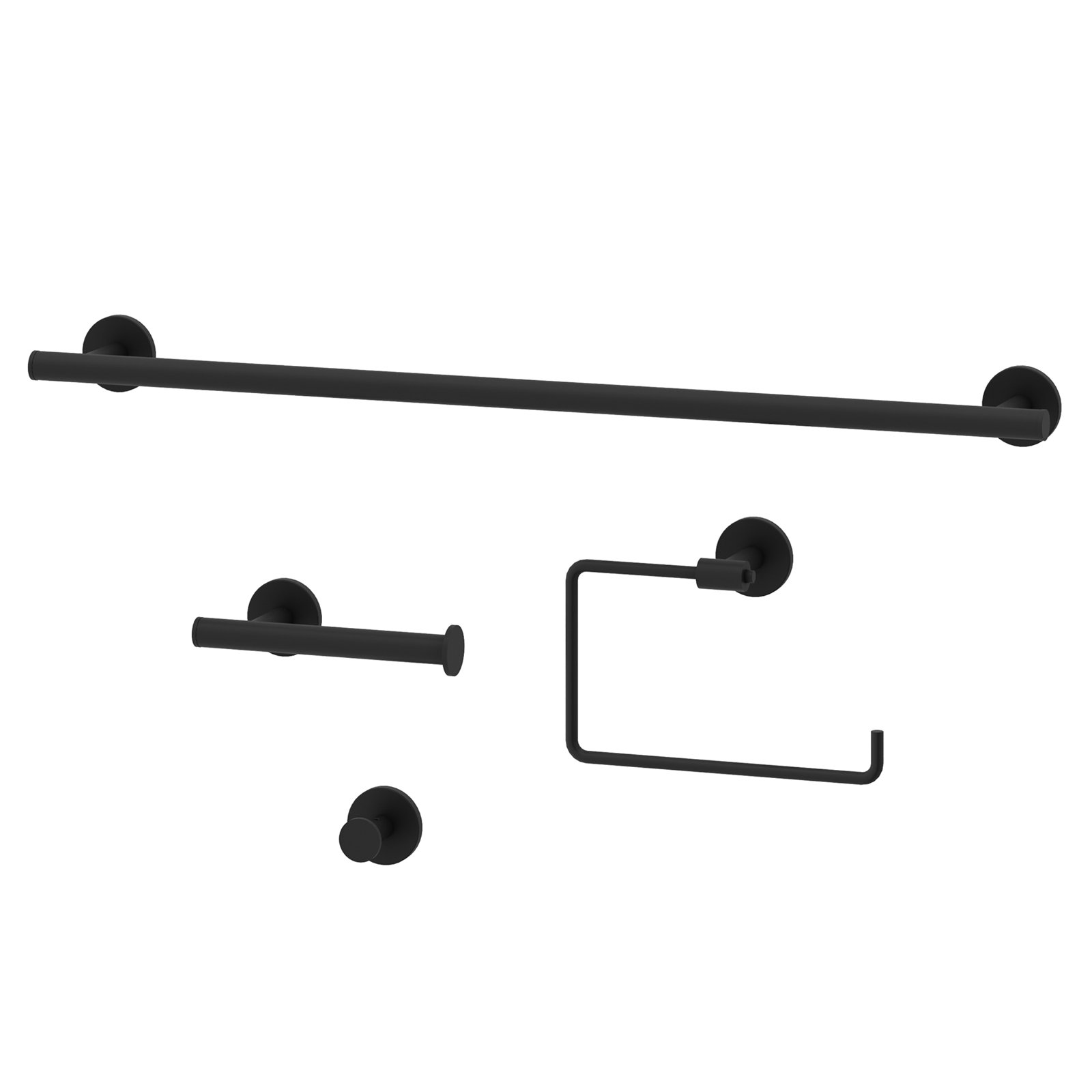 VIGO Elan 4-Piece Matte Black Bathroom Hardware Set with 24-in Towel Bar, Toilet Paper Holder, Hand Towel Holder and Hook