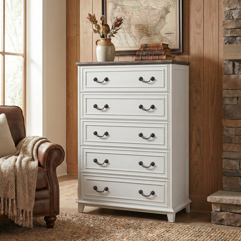 Farmhouse 5 Drawer Bedroom Dresser,31.18"W Wood Tall Chest Of Drawers, Closet Storage For Bedroom& Living Room, White