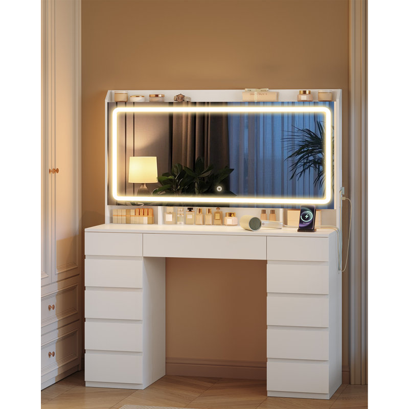 Dressing Table, Vanity Desk with Power Strip, Vanity Table with Mirror and Lights, Adjustable Brightness, Makeup Desk with 11 Drawers, 3 Storage Compartments for Bedroom