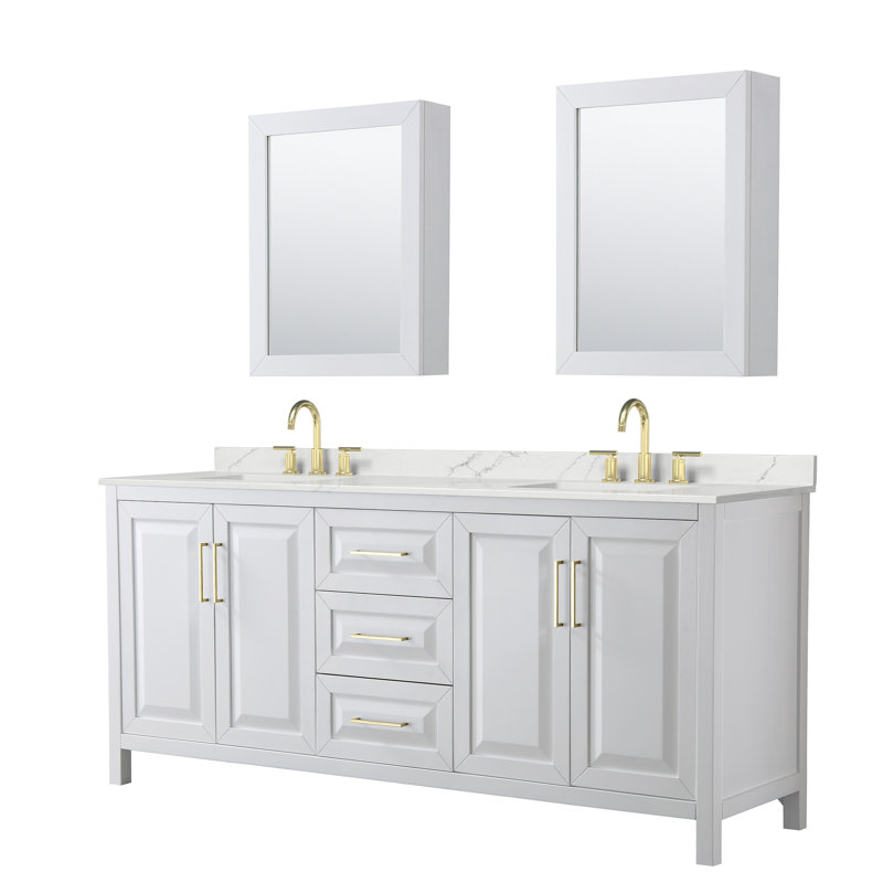 Daria 80 in. with Mirror Vanity, White Quartz, White, Brushed Gold