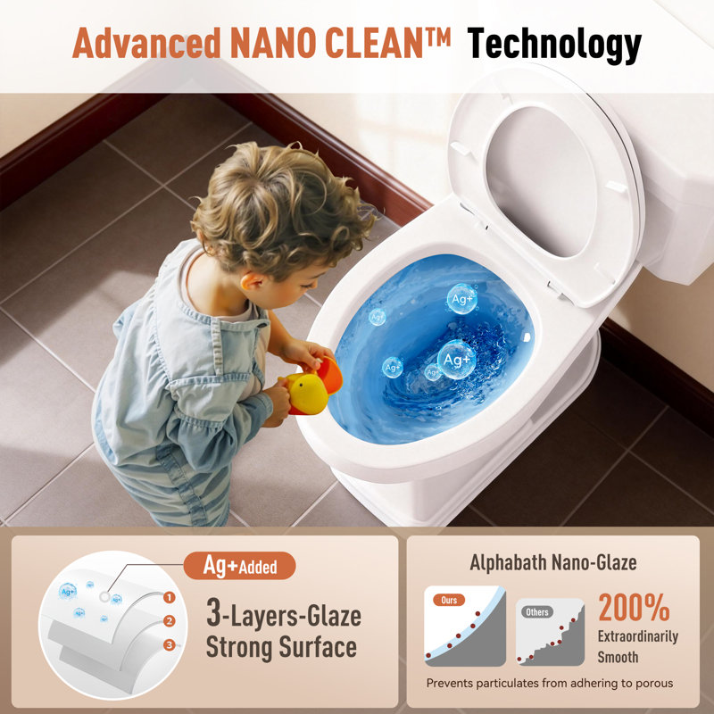 Elongated Two-Piece Toilet, 17" ADA Comfort Height with 360° Power Flush, Nano Ag+ Self-Cleaning Glaze, Soft-Close Seat, Easy-Clean Skirted Design, CUPC & MAP1000g & Watersense Certified, 12" Rough-In