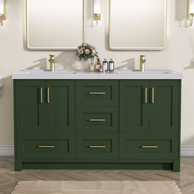 Armoire de salle de bain autoportante en bois massif 60 po x 36 po avec tiroir en queue d'aronde et porte à fermeture en douceur (assemblé)