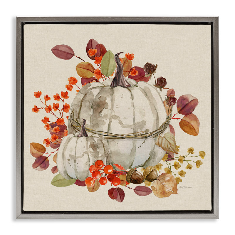 Estampe numérique saisonnière citrouille et feuilles par Carol Robinson, H 25 po x l 25 po, Cadre flottant gris lustré