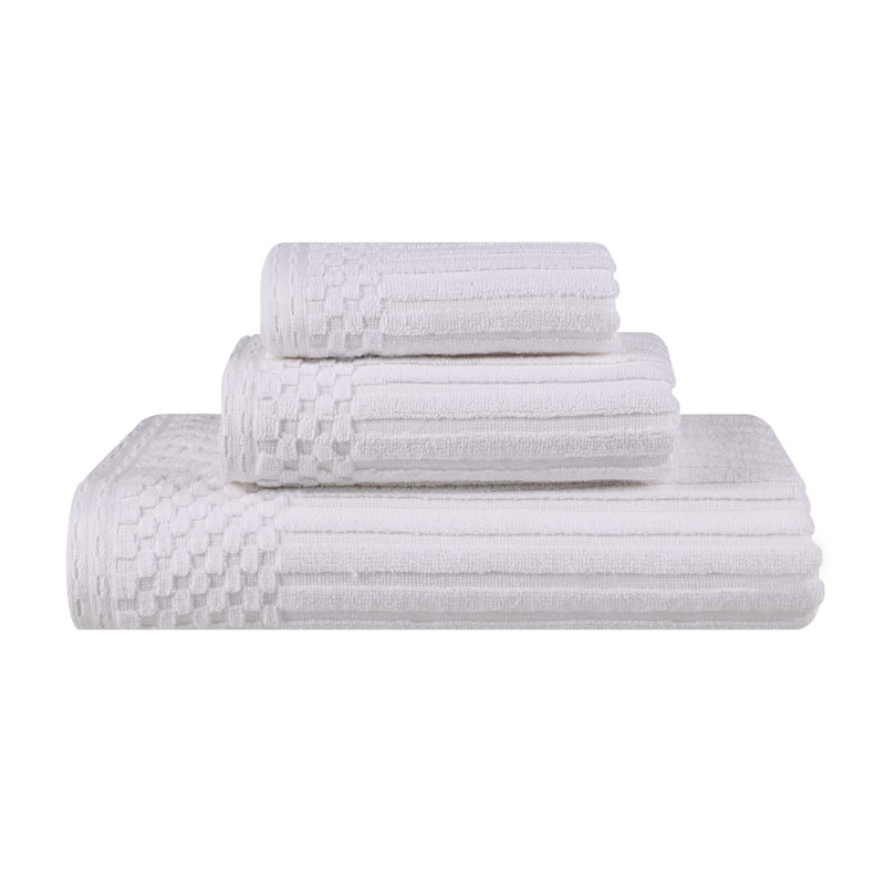 Kaelea Soho Cotton Ribbed Checkered Border Medium Weight 3 Piece Assorted Bathroom Towel Set, White, 3 Piece Towel set