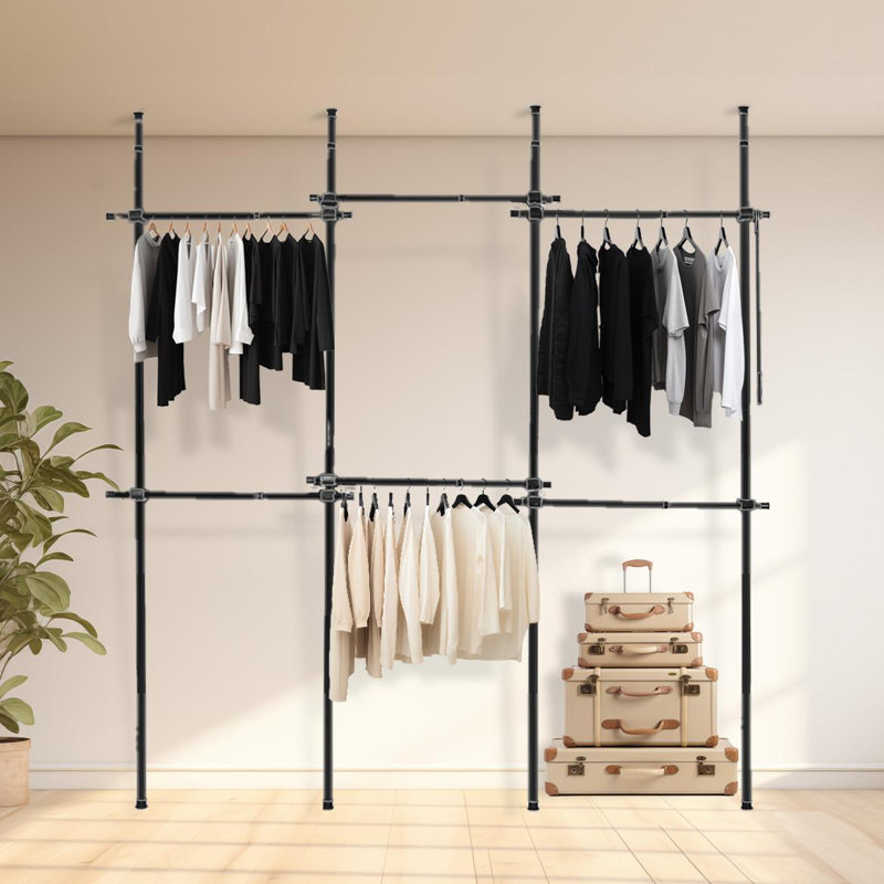 Telescopic Triple Wardrobe Organise Hanging Rail Clothes Rack Adjustable Storage, Black