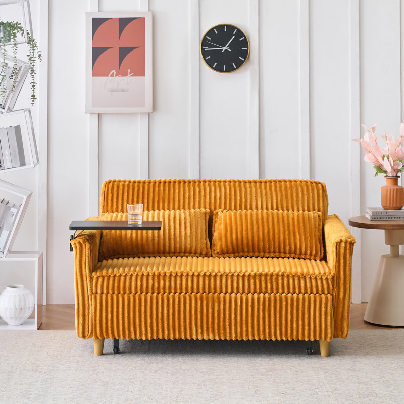 Fauteuil à 2 places en velours côtelé jaune avec table mobile, charge, roulettes en bas, coussins moelleux, conception de siège de salon, plateau de table, ports, tissu de peau, installation facile, bonne surface