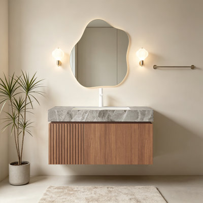 Meuble-lavabo moderne en noyer de 36 po avec lavabo, armoire de salle de bain flottante avec tiroirs et portes doubles, meuble-lavabo mural en pierre frittée de style Mid-Century