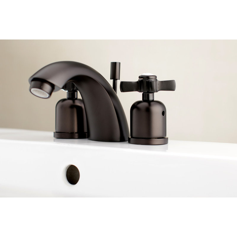 Kingston Brass Millennium Two-Handle 3-Hole Deck Mount Mini-Widespread Bathroom Faucet with Plastic Pop-Up, Oil Rubbed Bronze